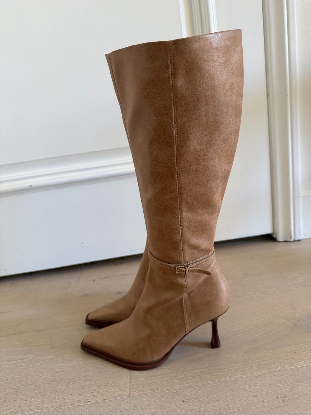 Zara Camel Tan Knee-High Pointed-Toe Heeled Boots - Picture 5 of 14